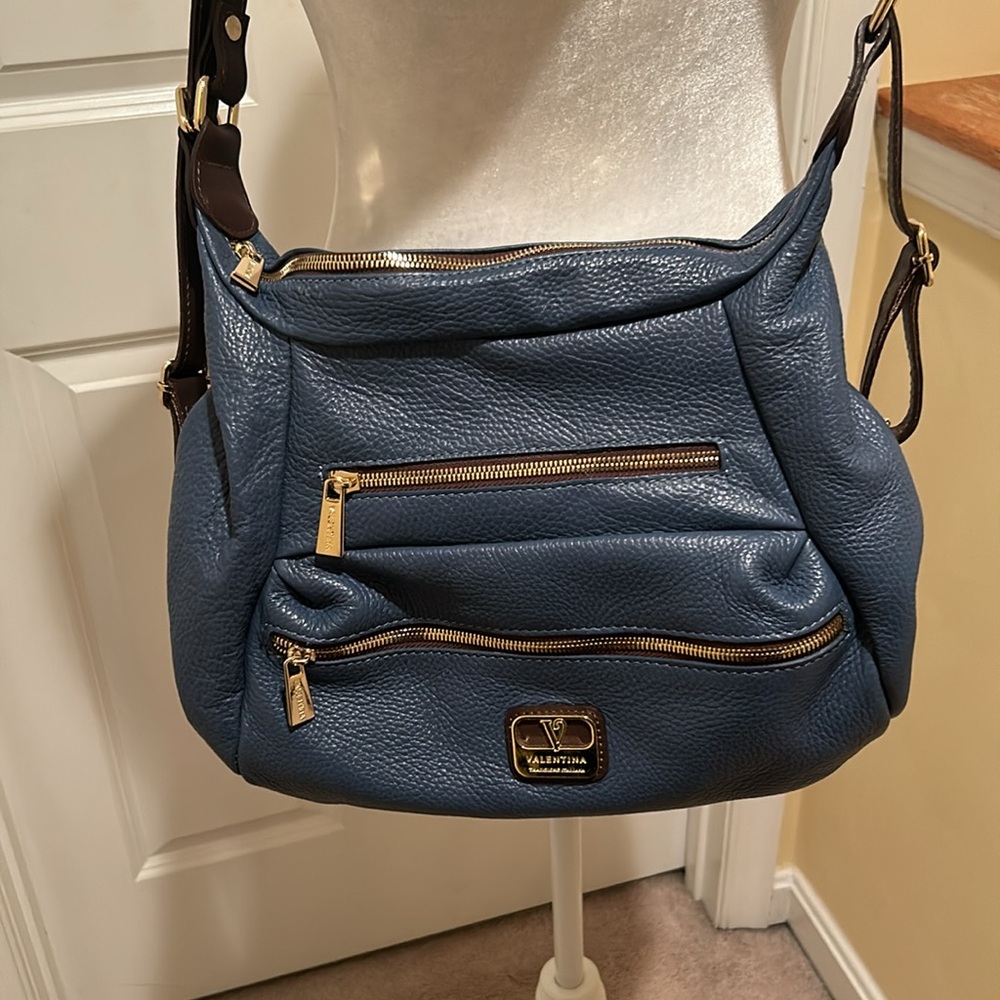 Valentina Italy Blue Pebbled Leather Shoulder Crossbody Bag